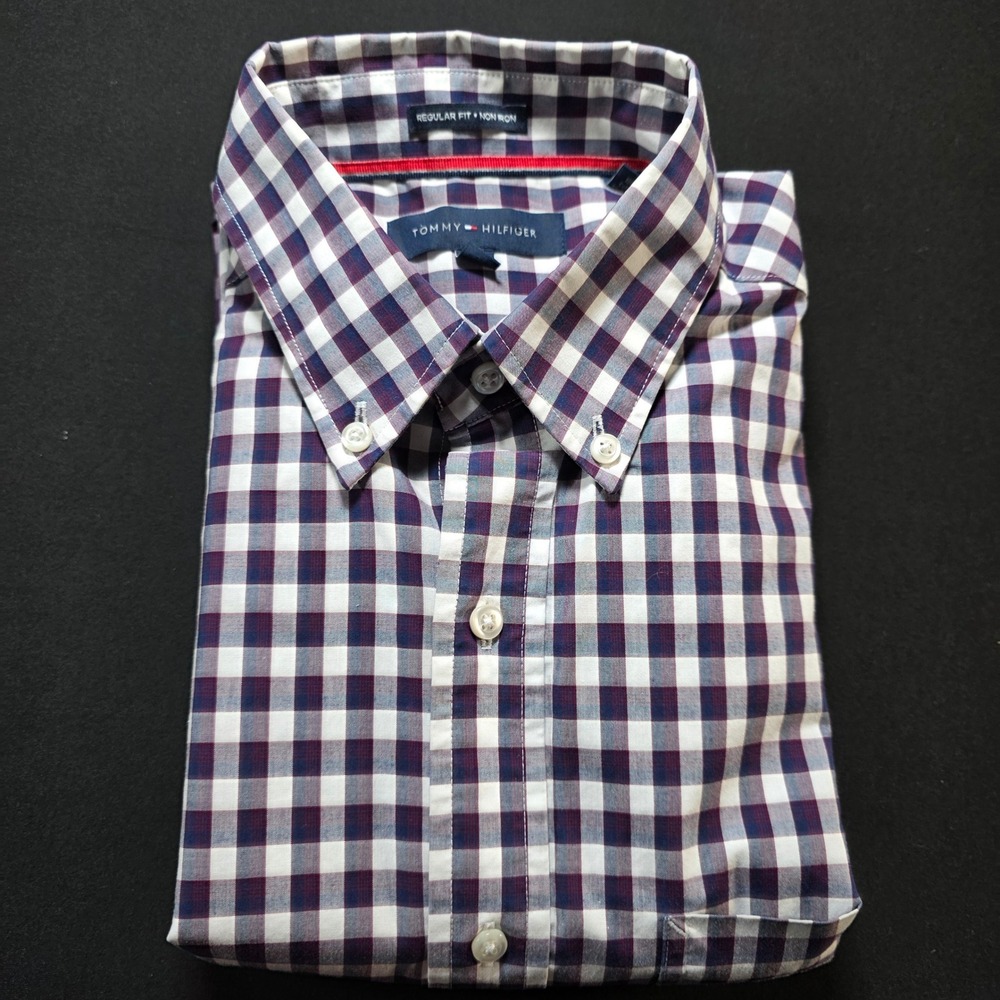 Tommy Hilfiger Regular Fit‎ Non Iron Gingham Button Down Navy Burgundy 15 32/33